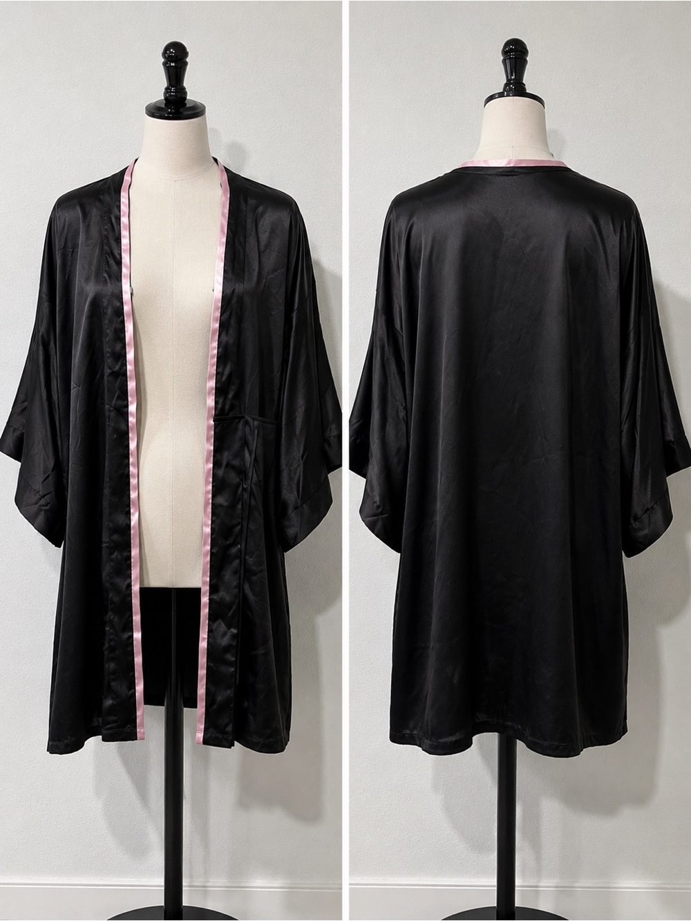 Victoria’s Secret Black Satin Pink Trim Robe S/M